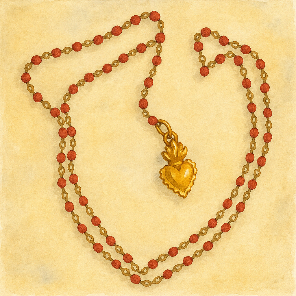 Coral bead necklace and ex voto heart