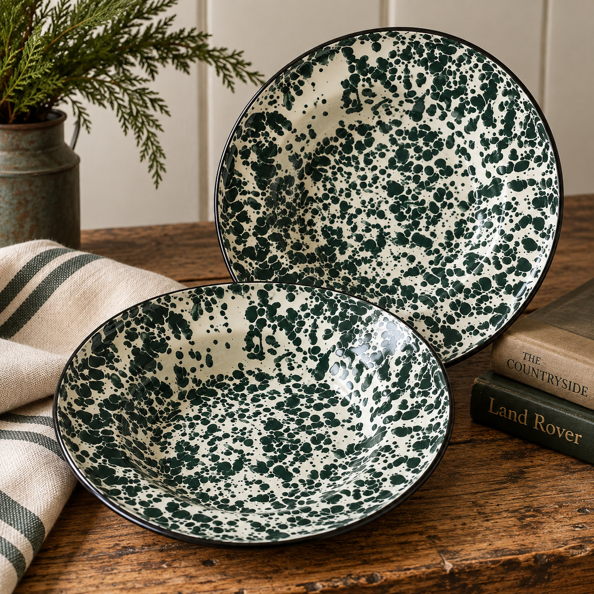 811 | Green Splatterware Enamel Field Bowls — Pair